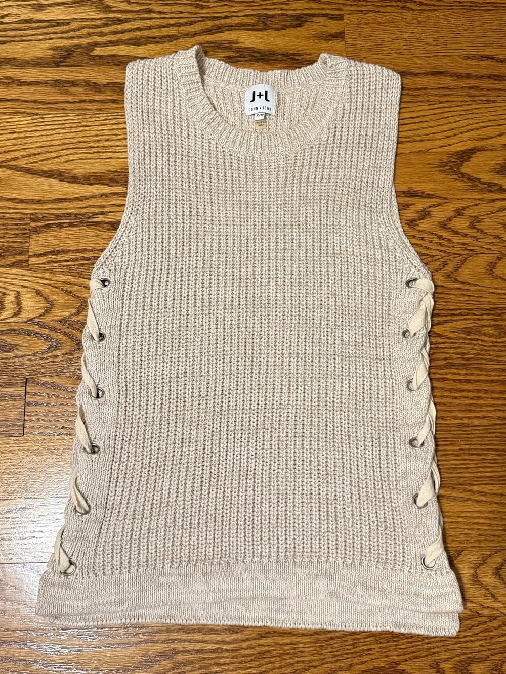 John + Jenn 100% Cotton Knit Sweater Vest | Oatmeal | Lace-Up Sides | XS